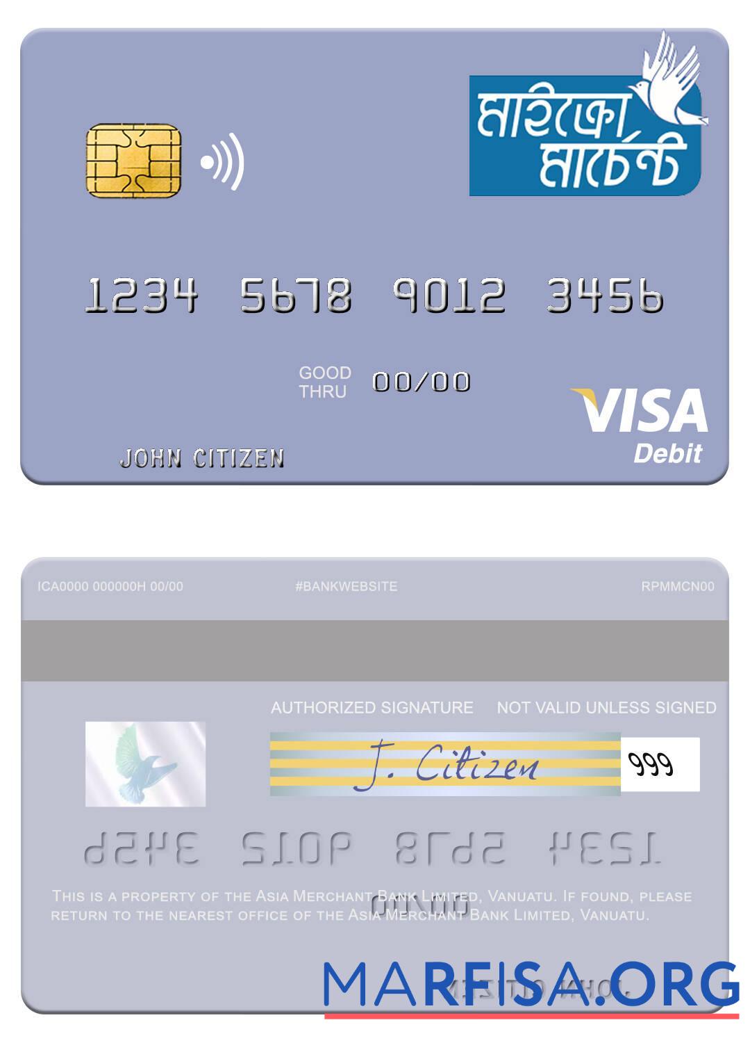 Realistic Vanuatu Asia Merchant Bank Limited visa debit card real example